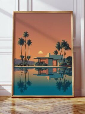 Palm Springs Sunset Bungalow Architecture Print, Retro Poster, Elegant Bedroom